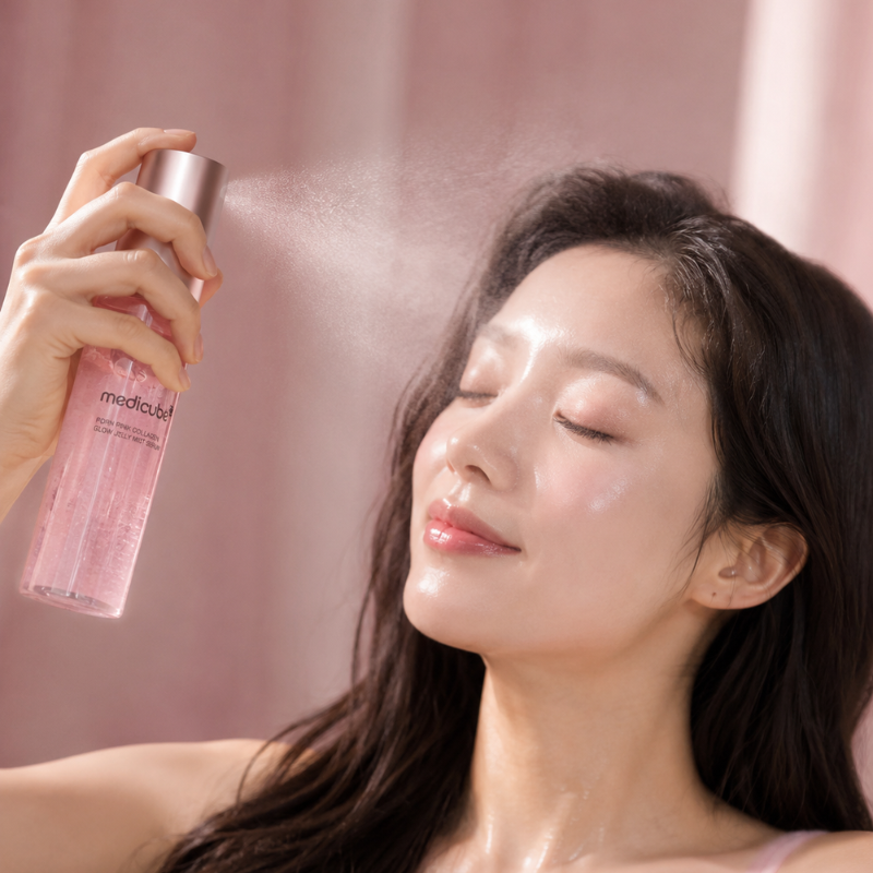 Medicube PDRN Pink Collagen Glow Jelly Mist Serum 100ml – Bruma Facial Coreana com Colágeno, PDRN e Efeito Glass Skin