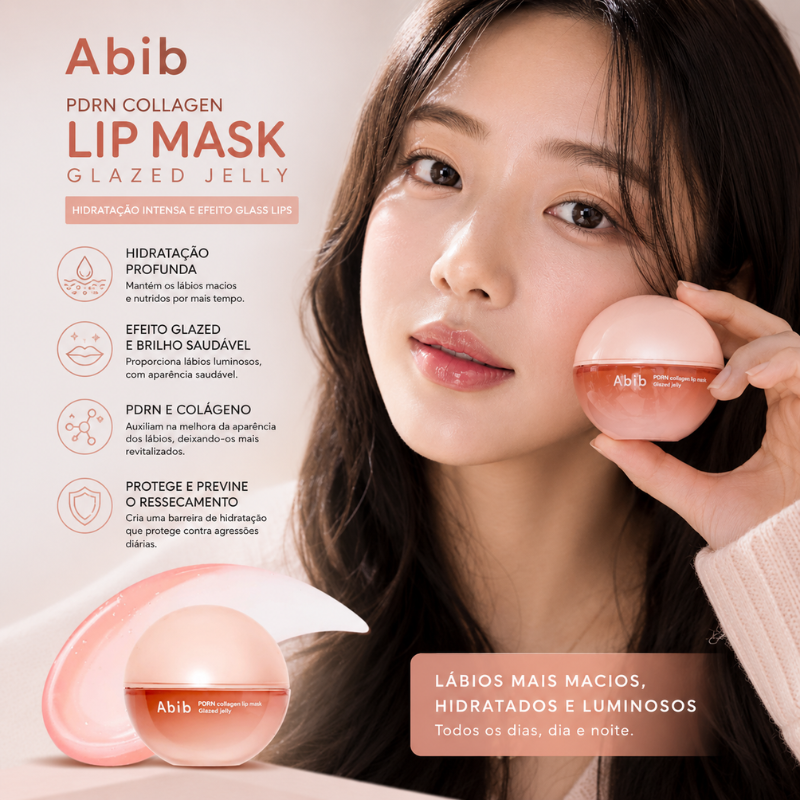 Abib PDRN Collagen Lip Mask Glazed Jelly 11g – Máscara Labial Coreana com Colágeno, PDRN e Efeito Glass Lips